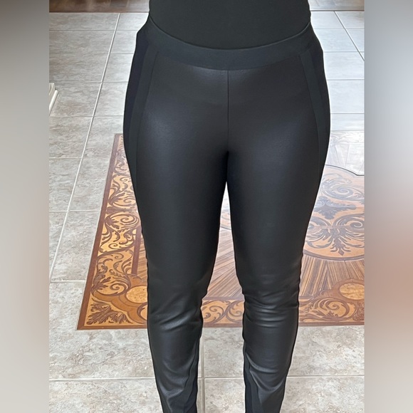 NEW BCBG MAX AZRIA BLACK TRAVIS ELASTIC Faux Leather TRIM Leggings SzLarge NWOT - Picture 2 of 8